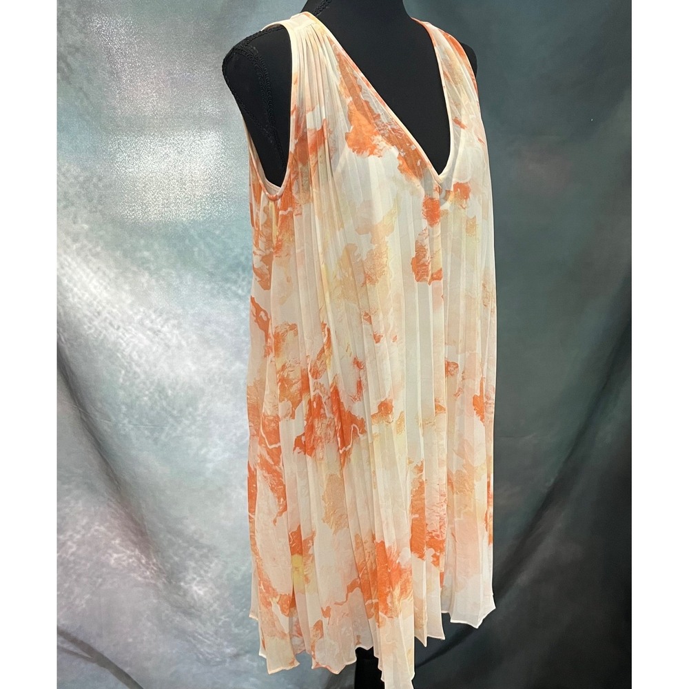 Club Monaco Orange Watercolor Floral Pleated Chiffon V-Neck Shift Dress Size 6 - Picture 3 of 7